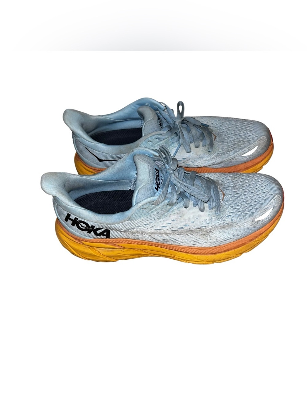 Hoka Clifton light blue orange women’s 10d 10 d wide sneakers running shoes